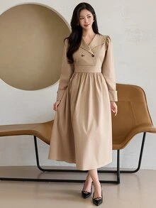 DAZY Women's Solid Color Double-Breasted Puff Long Sleeve Elegant Mid-Length Dress Fall - Apricot - View 7