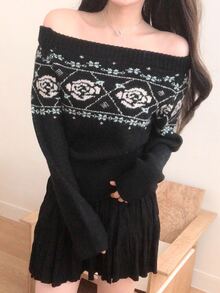 DAZY Women's Autumn/Winter Off-Shoulder Fair Isle Vacation Style Sweater - Black - View 4