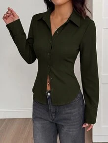 SHEIN PETITE 1pc Women's Solid Color Button Front Long Sleeve Casual Blouse - Army Green - View 4