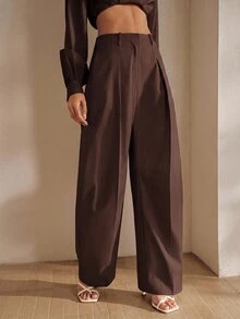 Anewsta Women's Summer Pleated High Waist Pocket Suit Pants Elegant Business Casual Commute Loose Wide Leg Pants - Coffee Brown - View 5