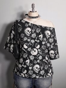 SHEIN ICON 大尺碼女款全印花不對稱肩休閒百搭日常T恤 - 彩色 - 查看 1