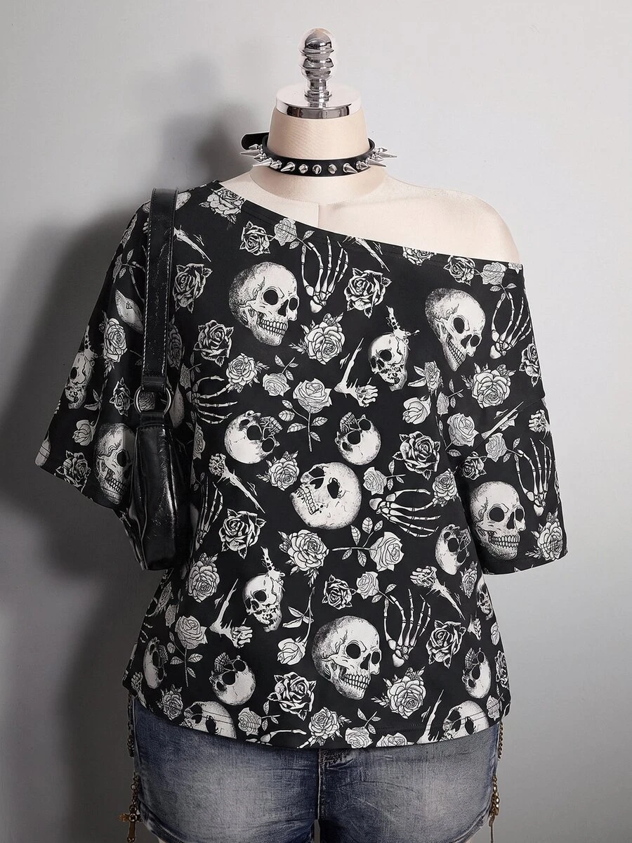 SHEIN ICON 大尺碼女款全印花不對稱肩休閒百搭日常T恤 - 彩色 - 查看 1