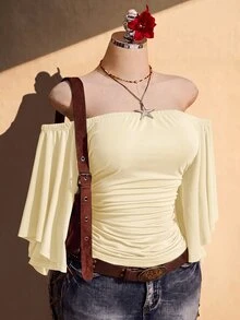 SHEIN ICON 女款大尺碼純色抓皺露肩上衣 - 淡黃色 - 查看 1