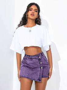 SHEIN ICON 節慶大尺碼女款春季淺藍色無彈力時尚性感牛仔裙褲 春季女裝套裝 - 淡紫色 - 查看 4
