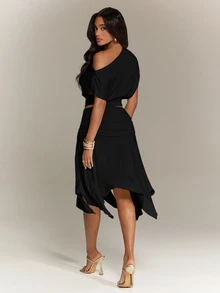 Denimoi 2 Pieces Set Asymmetrical Skirt And Off Shoulder Top Matching Set Vacation Outfits Brunch Summer - Black - View 2