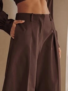 Anewsta Women's Summer Pleated High Waist Pocket Suit Pants Elegant Business Casual Commute Loose Wide Leg Pants - Coffee Brown - View 4