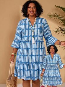 EMERY ROSE Gaun Boho Bohemian Kasual Ukuran Besar Motif Garis Kerah V Berlekuk Lengan 3/4 Kancing Depan Kelim Ruffle Musim Gugur 2026 Liburan Biru dan Putih - Blue and White - View 1