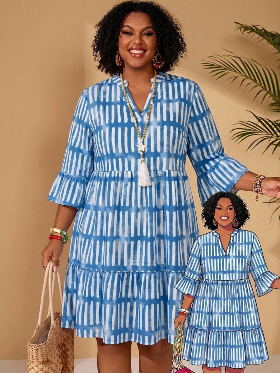 EMERY ROSE Gaun Boho Bohemian Kasual Ukuran Besar Motif Garis Kerah V Berlekuk Lengan 3/4 Kancing Depan Kelim Ruffle Musim Gugur 2026 Liburan Biru dan Putih - Blue and White - View 1