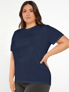 SHEIN BASICS Plus Solid Round Neck Tee Summer Tops - Navy Blue - View 5