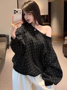 DAZY Sweatshirt Wanita Longgar Berlapisan Termal dengan Cetakan Huruf Personalisasi, Cocok untuk Musim Gugur - Hitam - View 7