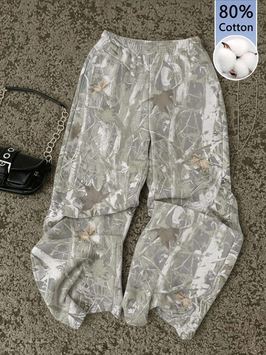 Attitoon 80%棉女款低腰直筒運動長褲,葉子圖案,女款秋季服飾,冬季服飾,2026秋冬,休閒,Y2K,女款通勤穿搭,百搭風格,牛仔女郎,復古,返校,外出,校園服飾,街頭風運動長褲,時尚百搭 - 彩色 - 查看 1
