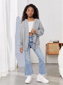 SHEIN 青少年女孩秋冬休閒純色連帽開襟羊毛衫 - 灰色 - 查看 3