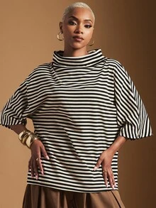 Vixey Women's Striped Funnel Neck Short Sleeve Loose Casual T-Shirt, Chic Casual Daily - Black and White - View 1