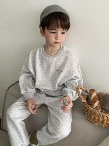 Dazy Kids Young Boy Gray Floral Embroidered Sweatshirt & Sweatpants Set Fall - Light Grey - View 7