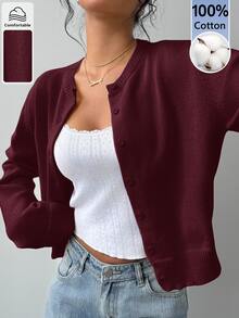 SHEIN BASICS 女款素色長袖單排扣休閒針織開襟衫 - 酒紅色 - 查看 6