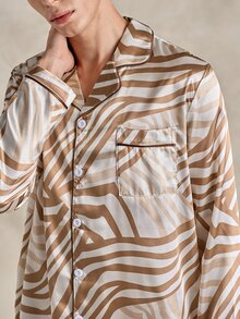 EverLounge Men's Luxury Drape Satin Coffee-Colored Wavy Pattern Vintage Loose Fit Loungewear Top - Brown - View 6