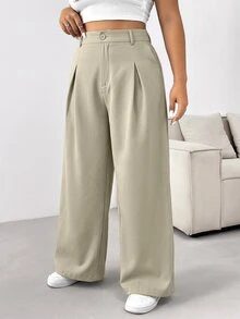 SHEIN EZwear Plus Size Women's Solid Color Simple Business Pants Graduation, - Khaki - View 5