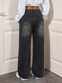 SHEIN Tall Women's Casual Versatile Straight Leg Denim Jeans With Pockets And Buttons For Daily Wear - Black - View 2