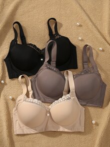 Snug Zone Plus Size Simple Underwire Lace Patchwork Non-Slip Wide Strap Bra 3 Pieces Set - Multicolor - View 3