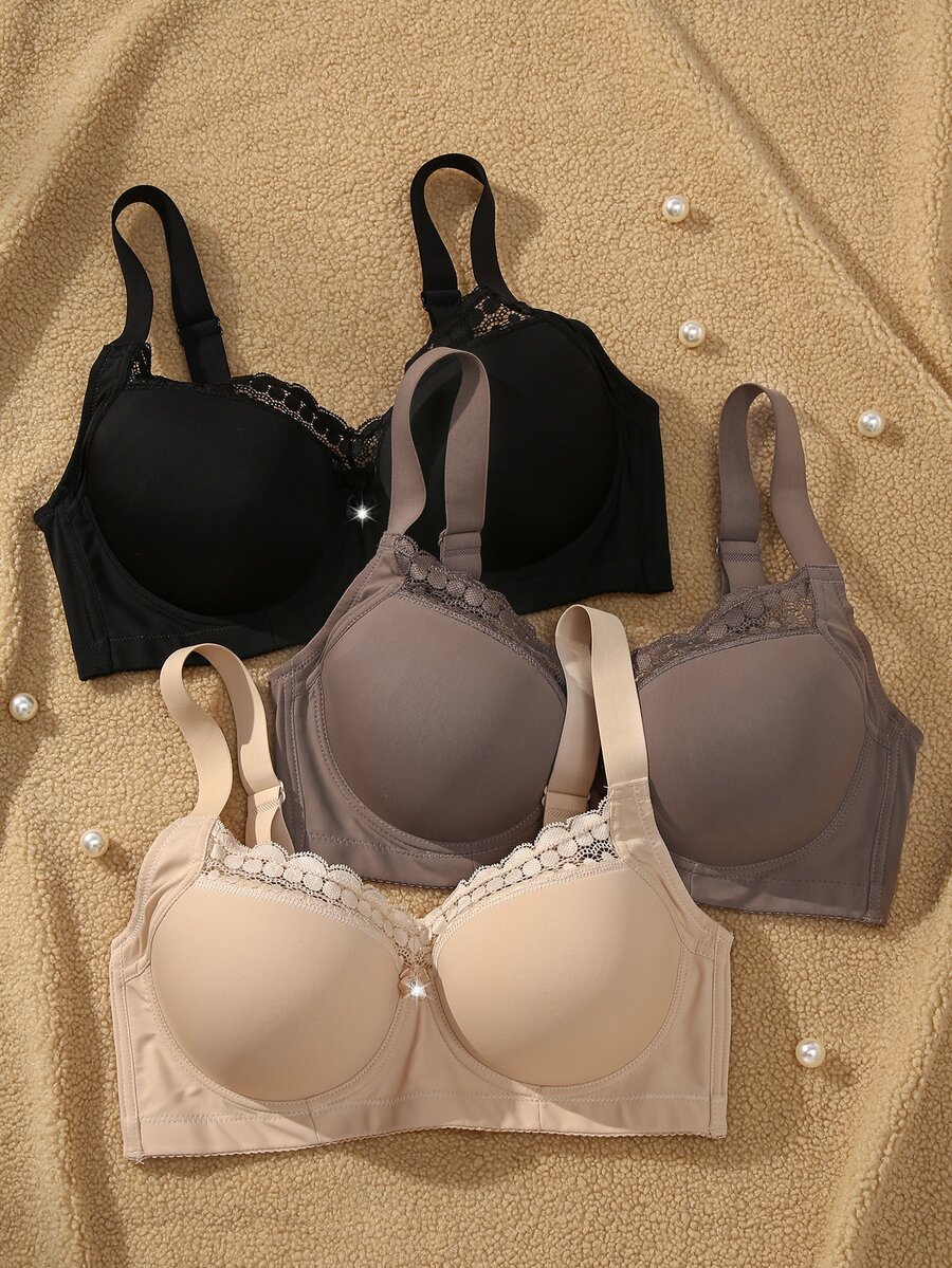 SHEIN Plus Size Simple Underwire Lace Patchwork Non-Slip Wide Strap Bra 3 Pieces Set - Multicolor - View 1