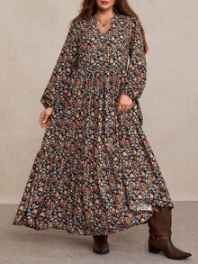 Freevana 女款大尺碼V領長袖長洋裝，碎花洋裝，收腰A字裙，優雅鄉村風穿搭，秋冬女裝 - 彩色 - 查看 3