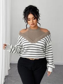 SHEIN Elenzya 大尺碼女款假兩件式露肩拼色條紋時尚套頭毛衣 - 杏色 - 查看 1