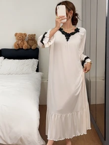 Napfluff Vintage Royal Lace Trim Collar Ruched Long Sleeve Lace Trim Maxi Nightgown - Apricot - View 4