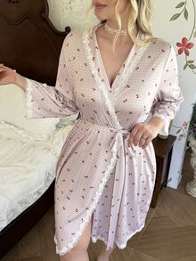 CottageSlumber Jubah Santai Rajut Motif Ceri Berenda Ukuran Besar untuk Wanita dengan Tali Pengikat di Depan - MultiWarna - View 4
