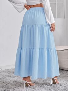 SHEIN PETITE 女款素色百褶休閒百搭日常穿著裙 - 淺藍色 - 查看 2