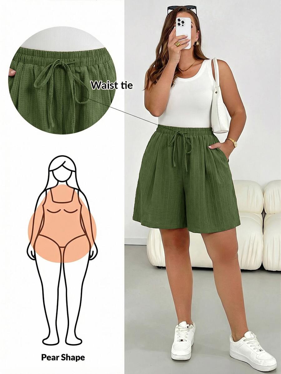 SHEIN Essnce 大尺碼女款純色休閒百搭日常穿著短褲 - 軍綠色 - 查看 1