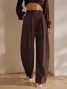 Anewsta Women's Summer Pleated High Waist Pocket Suit Pants Elegant Business Casual Commute Loose Wide Leg Pants - Coffee Brown - View 3