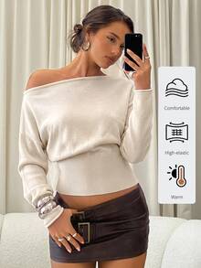 Aloruh Sweater Wanita Lengan Panjang Leher Asimetris Bergaris Cokelat untuk Musim Gugur/Dingin - Krem - View 1