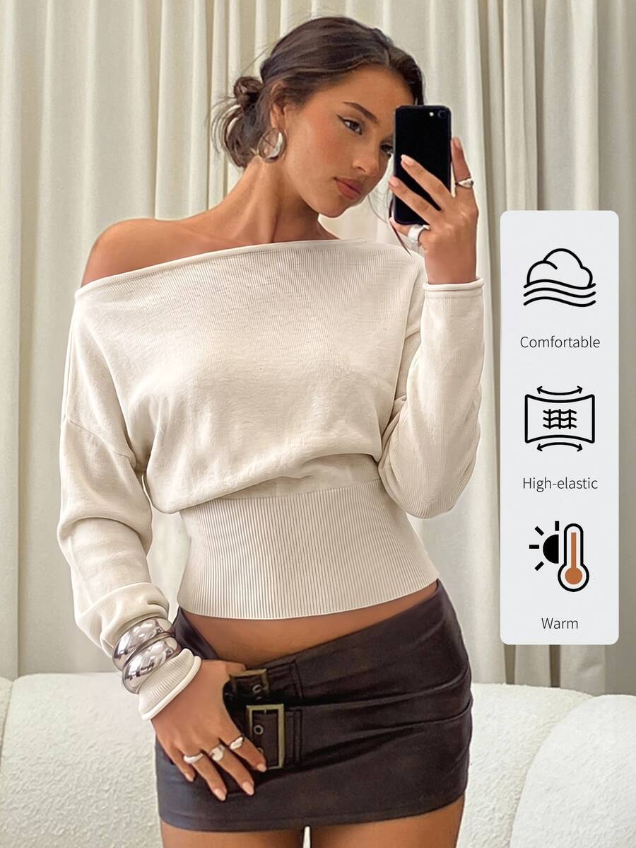 Aloruh Sweater Wanita Lengan Panjang Leher Asimetris Bergaris Cokelat untuk Musim Gugur/Dingin - Krem - View 1