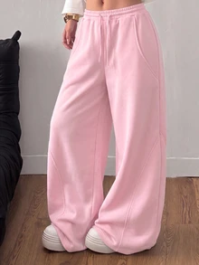 SHEIN Teen Girls Light Gray Loose Drawstring Wide Leg Sweatpants, Fall Clothes Back To School - Pink - View 4