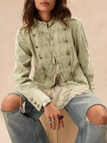Easelle 復古休閒街頭波希米亞風拿破崙金屬收腰女款夾克，日常度假適用，鼠尾草綠，秋季夜出門穿搭 - 綠色 - 查看 1