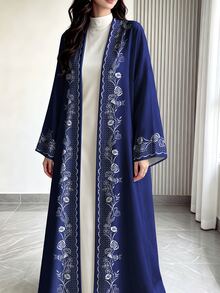SHEIN Najma 海軍藍女款優雅阿拉伯式長袍，花卉枝條與幾何蕾絲圖案，時尚長袖開襟長版開襟外套，春秋款阿拉伯風服飾 - 彩色 - 查看 4