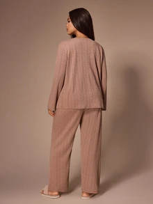 Lazeform Plus Size Textured Knit 3 PiecesLoungewear Set, Minimalist V-Neck Cardigan, Camisole And Pajama Pants - Khaki - View 2