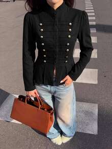 Siren Gaze Autumn/Winter New Vintage Napoleon Style Waist-Cinching Jacket For Women - Black - View 9