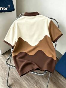 Daypath 美式復古卡其色與咖啡色波浪拼色 Polo 衫，1 件波浪對比色 Polo 衫，穿出夏季青春活力感 - 彩色 - 查看 2
