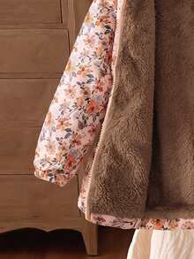 SHEIN Elladie kids 1件女童2025冬季新款復古卡其色花卉保暖內裡拉鍊連帽外套，彈性腰部設計，加厚保暖時尚戶外通勤百搭防寒夾克 - 粉色 - 查看 4