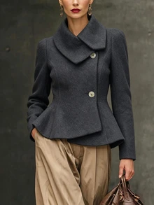 Women's New Autumn/Winter Asymmetrical Collar Waist-Cinching Peplum Hem Overcoat - Dark Grey - View 1