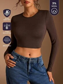 SHEIN BASICS 女款純色圓領長袖短版修身T恤 - 棕色 - 查看 1