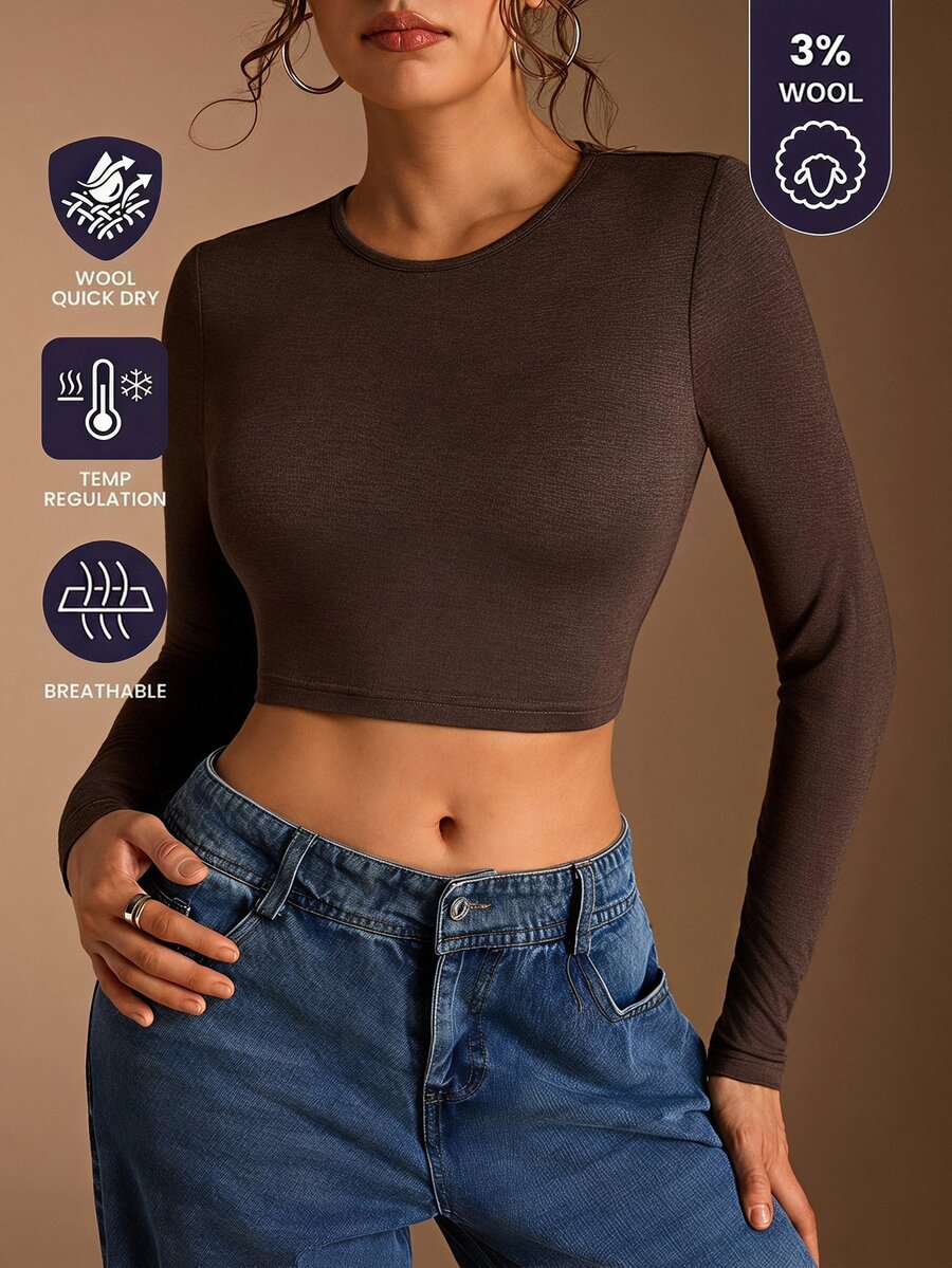 SHEIN BASICS 女款純色圓領長袖短版修身T恤 - 棕色 - 查看 1