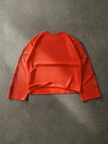 ROMWE MEN 男士鬆弛版型華夫格布長袖T恤，豹紋印花與圖形文字設計 - 紅色 - 查看 3