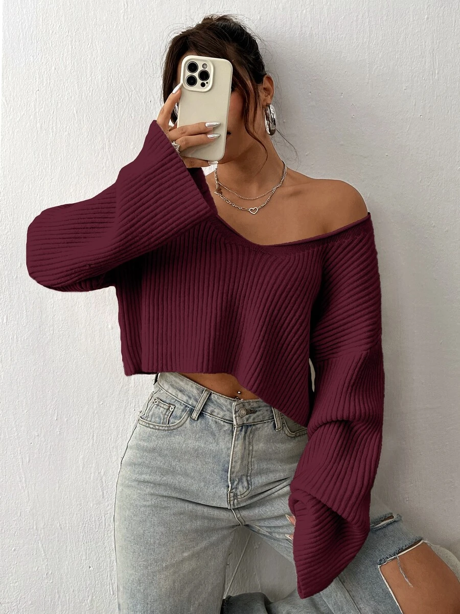 SHEIN Unity 女款純色不對稱肩休閒日常長袖針織衫 - 紅色 - 查看 1