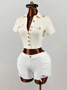 SHEIN Women's Solid Color Short Sleeve Single-Breasted Casual Denim Jacket - White - View 1
