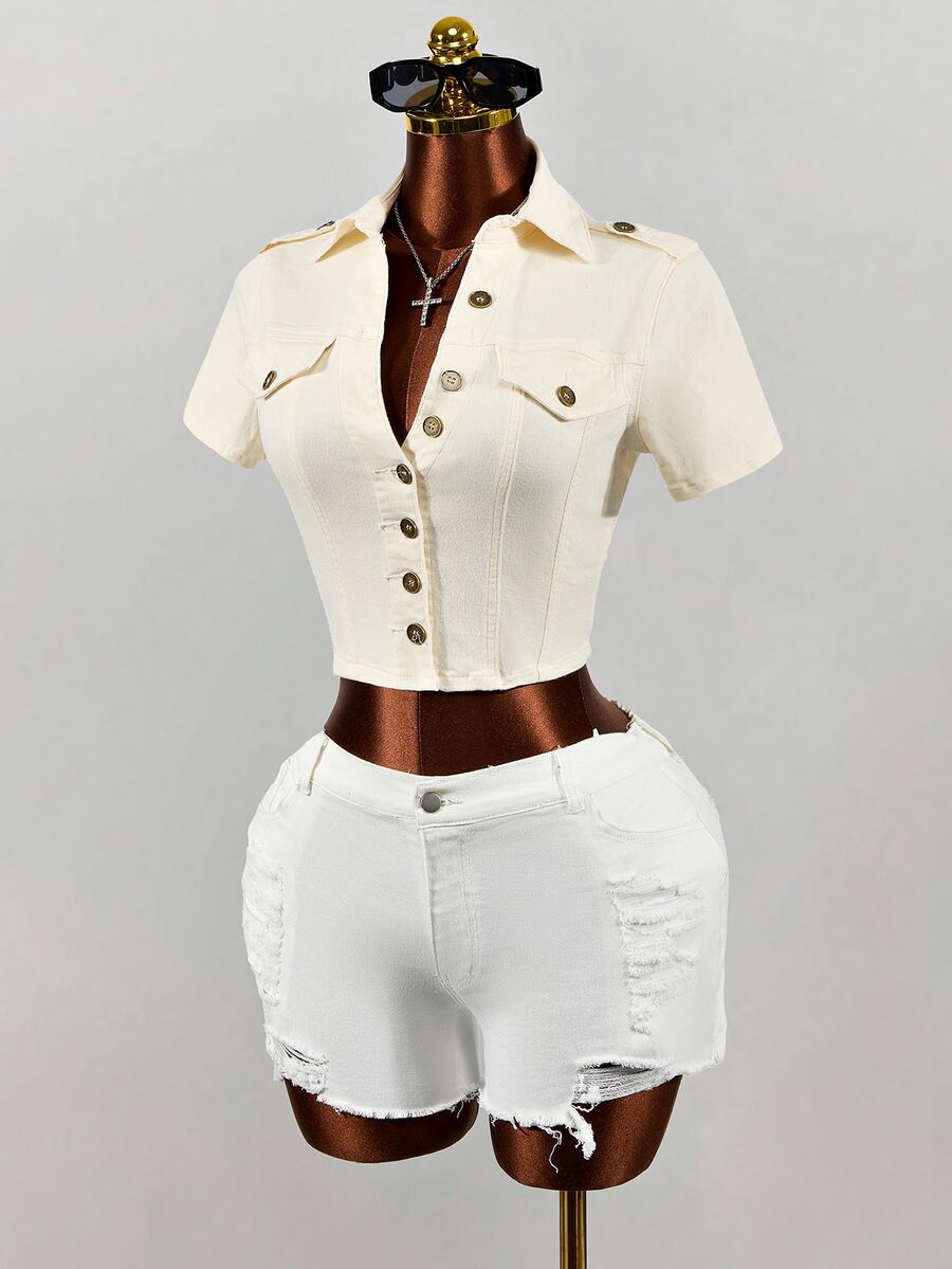 SHEIN Women's Solid Color Short Sleeve Single-Breasted Casual Denim Jacket - White - View 1