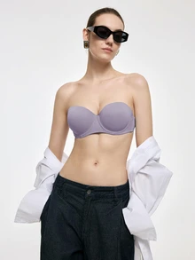 SHEIN 淡紫色鋼圈模杯聚攏胸罩，提拉支撐、防滑、無肩帶、隱形舒適女款巴爾科內式內衣 - 紫色 - 查看 6