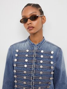 Maija Women's Zipper Front Long Sleeve Casual Napoleon Denim Jacket - Blue - View 7