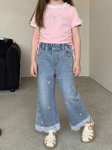 Dazy Kids Young Girls' Lace Patchwork Flared Washed Light Blue Denim Jeans Fall - Light Wash - View 10